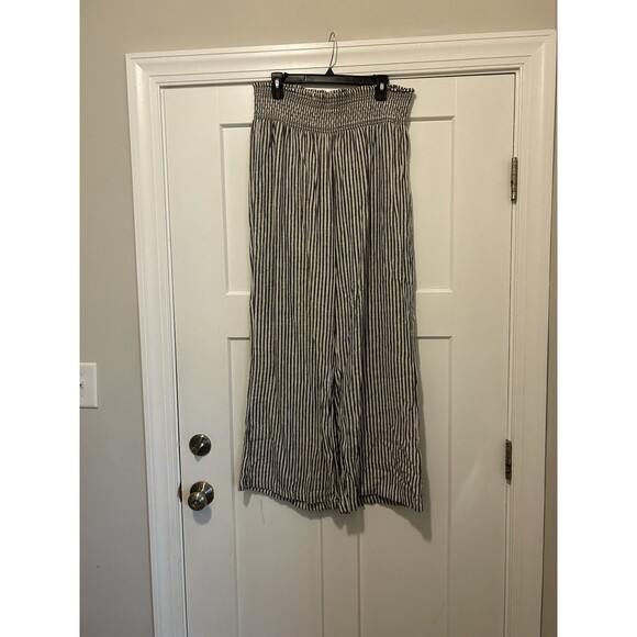 Wide Leg Linen Blend Black White Pinstriped Pull On Pants Size XL Smocked Waist - Picture 1 of 8
